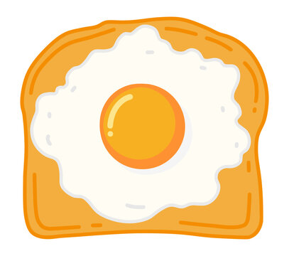 Cute illustration of a fried egg sunny side up on a slice of toasted bread for breakfast