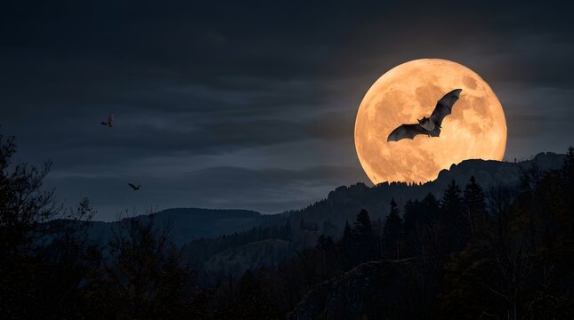 Bats Flying Past Full Moon at Night in Dark Sky