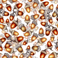 Dense seamless watercolor acorn pattern with layered scattered nuts in warm autumn colors. Elegant botanical illustration for fabric, wallpaper, wrapping paper, packaging and digital backgrounds © el_suhova