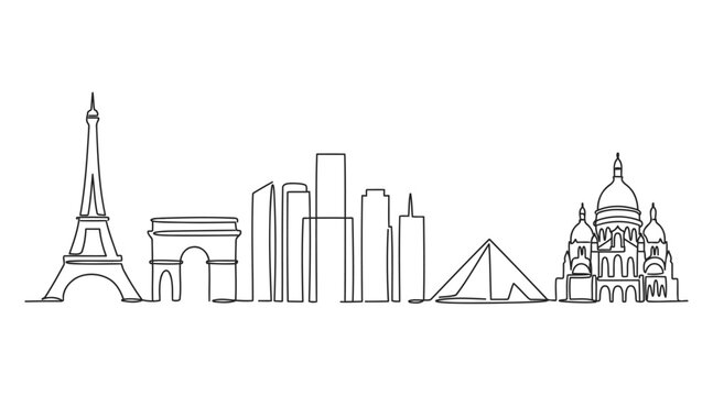 Paris city skyline continuous line drawing with famous landmarks and monuments line art black and white