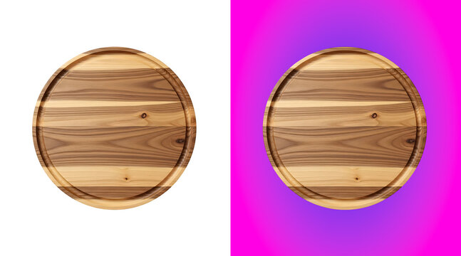 A round wooden cutting board with a visible circular grain pattern, isolated on a white background, for kitchen and food preparation usage