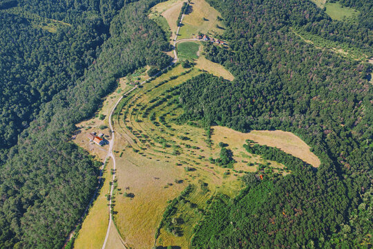 Aerial drone view of terraced hillside meadows and winding rural road cutting through dense summer forest, with isolated farmhouses.