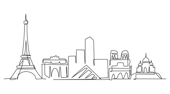 Continuous line drawing of paris city skyline with famous landmarks and architectural monuments