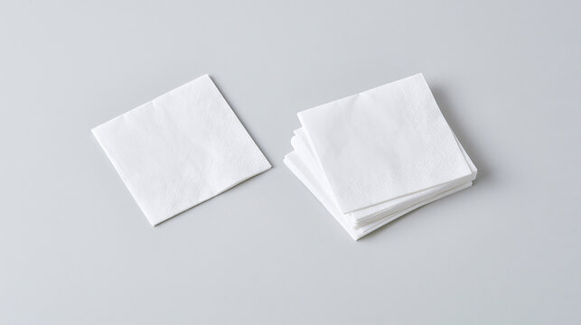 Blank white paper napkins mockup, one single piece and a neat stack, isolated on a clean light grey background, top-down view for branding design.