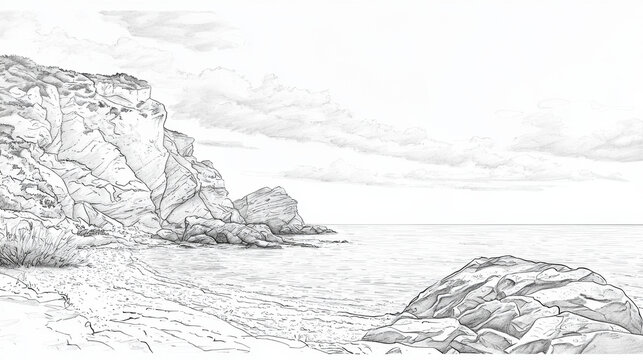 Detailed monochrome pencil drawing of a rugged coastline featuring majestic cliffs, a rocky beach, calm sea, and cloudy sky