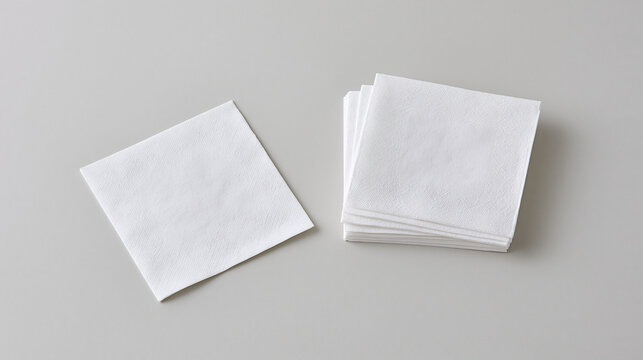 Blank white paper napkins mockup, one single piece and a neat stack, isolated on a clean light grey background, top-down view for branding design.