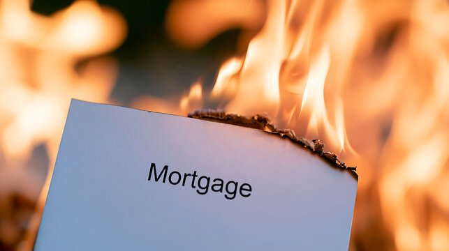 A paper document with mortgage text burn in bright intense flames representing financial crisis debt destruction home loan panic risk economic stress