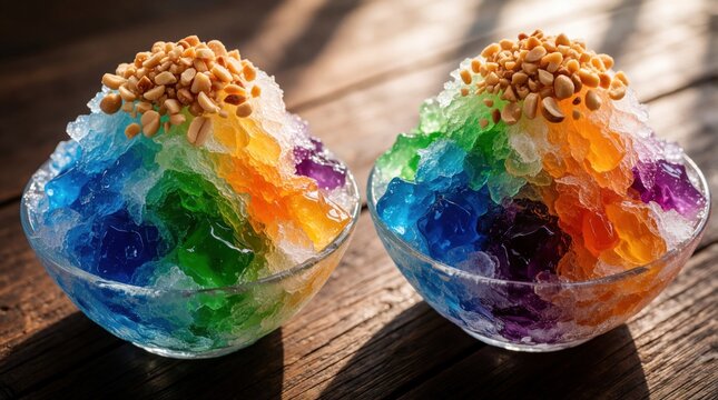 Two glass bowls of colorful shaved ice dessert sit on wooden table. Rainbow gelatin layers, crushed nuts top sweet frozen treats. Cold summer snack with bright syrup, crunchy topping in sunny