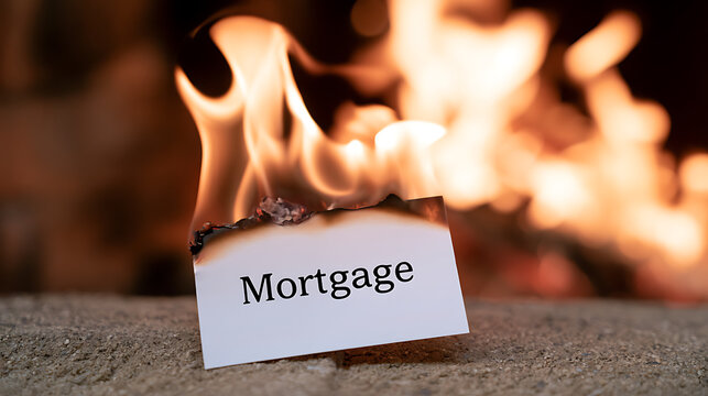 A paper card with mortgage text burn in fire flames to represent debt relief, financial freedom, home loan payoff, and economic recovery
