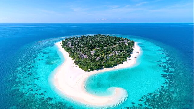 Stunning aerial or shore view of a UNESCO Biosphere Reserve in a pristine tropical atoll, crystal-clear turquoise waters, vibrant coral reefs, luxury island resort landscap