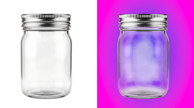 An empty glass mason jar with a metallic silver screw-top lid, isolated on a white background, for storage and, food preservation concepts