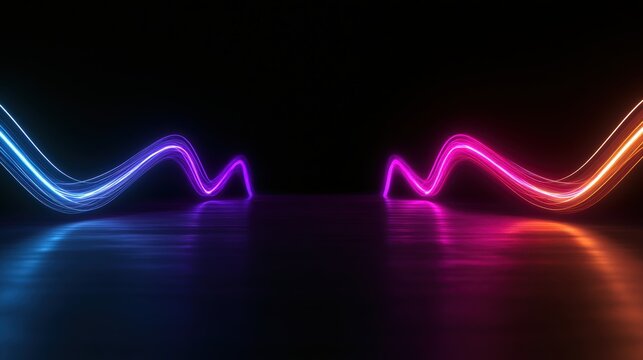 Glowing neon light waves curve across a dark reflective floor with vibrant illumination. Futuristic tech background for digital art and cyber concepts.