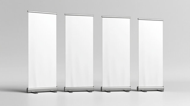 Four blank white roll-up banner stand mockups lined up in a row against a clean light grey studio background for advertising presentation.