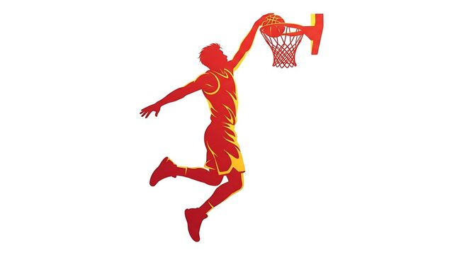 Red basketball player silhouette dunking a ball into a hoop on a white background