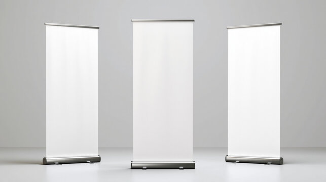 Three blank white roll-up banner stand mockups displayed in a row against a clean light grey studio background for advertising presentation.