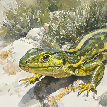 Detailed watercolor painting of a vibrant green and yellow striped lizard resting on rocks, with abstract green foliage background