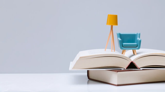 Cozy Reading Concept with Miniature Furniture on Open Book and Wide Copy Space