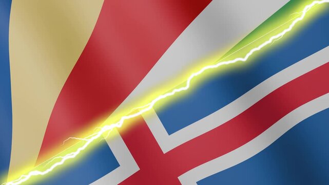 Two waving flags Seychelles and Iceland with diagonal lightning seamless, 4k loop