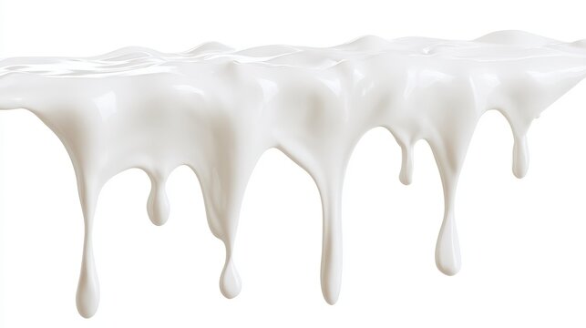 Creamy white milk dripping down isolated on white background. Useful for dairy food product advertising and healthy beverage concepts.