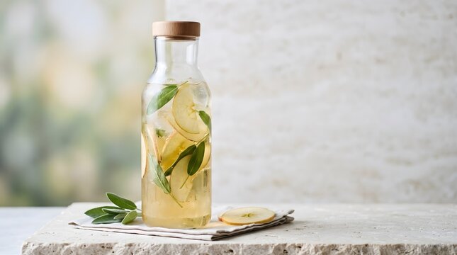 Refreshing iced apple and sage infused detox water in a glass bottle with wooden cap on a light stone countertop with fresh herbs