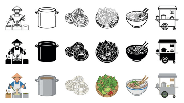 Vietnamese food icons collection showcasing pho, ingredients, and street vendor elements in various styles, perfect for culinary design projects.