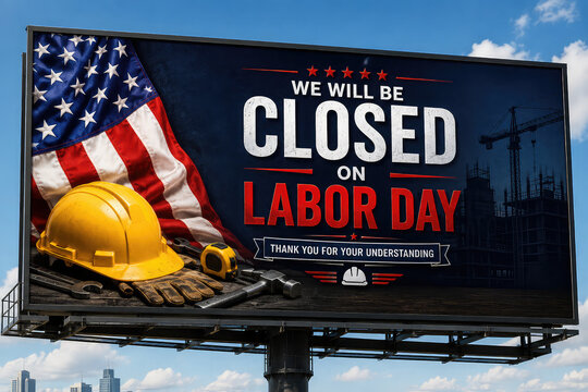 Labor Day Closure Announcement Background with Construction Tools, American Flag and Patriotic Holiday Design