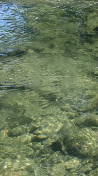 Vertical video of clear stream. Water running over stones. Natural background. Top down view.