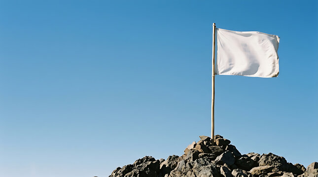 A white flag waves proudly atop a rocky summit against a clear, bright blue sky, symbolizing peace or surrender