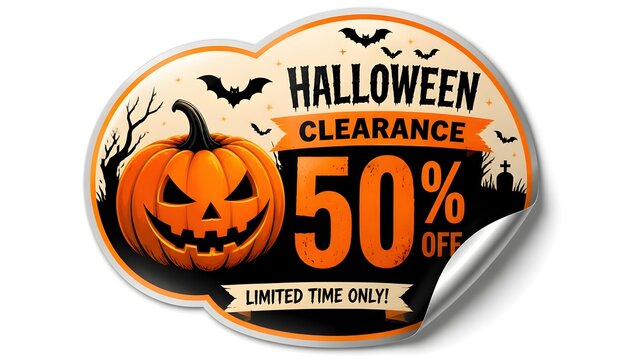 Halloween Clearance Sale Sticker with Pumpkin and Discount Percentage for Retail Promotion