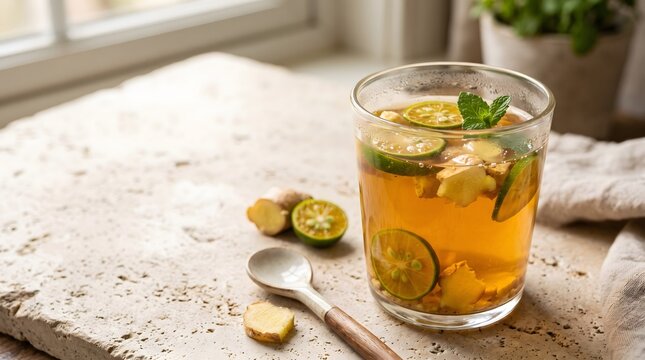 Refreshing warm calamansi and ginger tea with sliced citrus, ginger chunks, and fresh mint leaves in a glass on a stone surface
