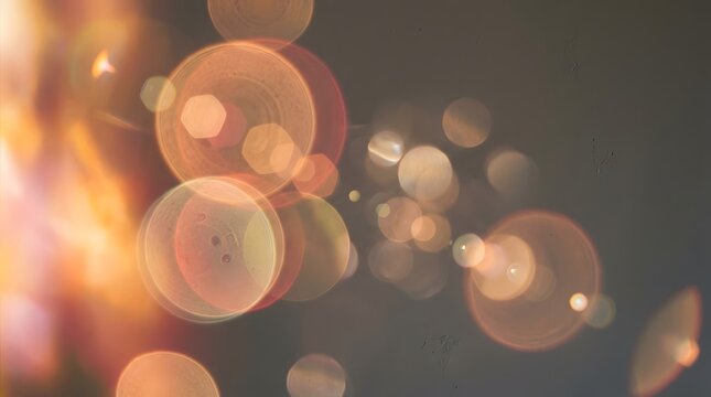 Vintage camera lens light flare leak with circular glowing bokeh rings