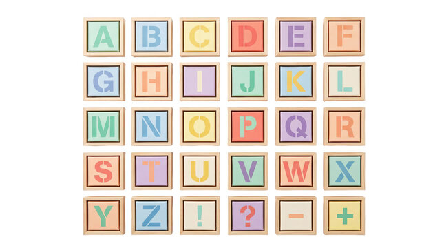 Set of mini canvas easel frames painted with colorful alphabet letters A-Z grid on white