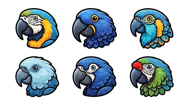 Set of colorful parrot head icons featuring various macaw species in a stylized art design.