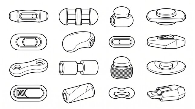 Vector Set of Cord Locks, Toggles, and Plastic Hardware Stopper Icons for Clothing and Outdoor Gear Design