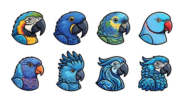 Set of colorful parrot head illustrations isolated on white background