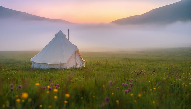 White bell tent in a misty wildflower meadow with mountains at pastel dawn