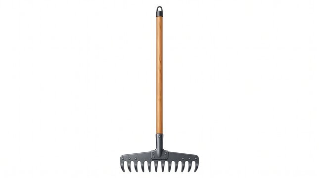 Garden rake with a wooden handle and metal head isolated on white background