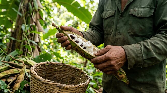 Farmer holding open a fresh ice cream bean pod showcasing white pulp and dark seeds while standing in tropical farm