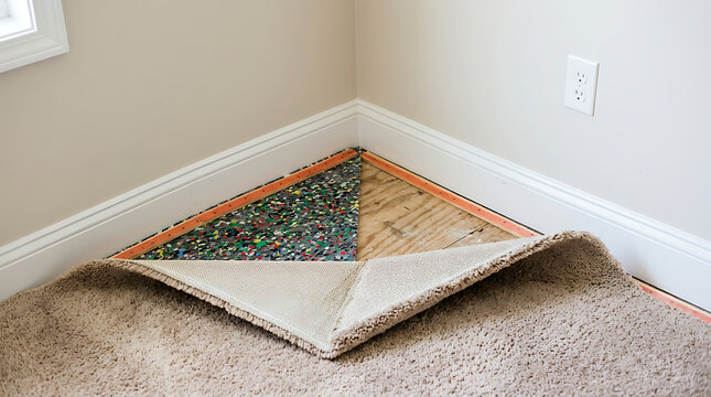 Carpet folded back in room corner revealing foam padding underlay and wooden subfloor boards