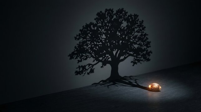 Small glowing seed casts a large detailed tree shadow on a dark textured surface creating a powerful conceptual artistic display