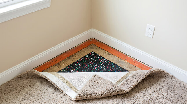 Close-up of various carpet layers and flooring underlayment in a home renovation project