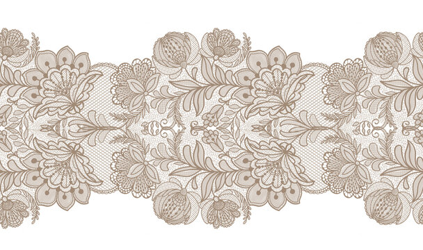 Seamless Repeat of lace doily white beige gray with floral mesh shapes. Whimsical paper lace in decorative borders. Vintage whimsy silhouettes for wedding card.