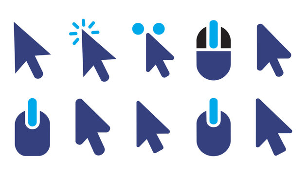 Digital pointer arrow variations. Double click circle indicator. Mouse hardware silhouette with scroll bar. User interface selection tools. Navigation elements for software design.