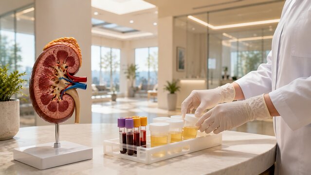 Kidney anatomy and urine sample analysis in a modern clinical laboratory