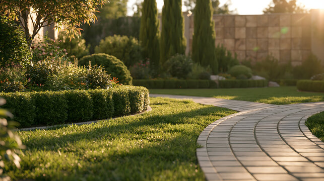 A paved garden walkway winds through a lush green landscape at sunset. Perfect for landscaping and real estate residential design inspiration.