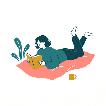 Young Woman Lying on Floor Reading a Book with Coffee Mug and Plant, Cozy Flat Vector Illustration Isolated on White Background