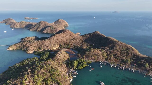 Aerial View of Labuan Bajo Islands and Phinisi Boats Indonesia