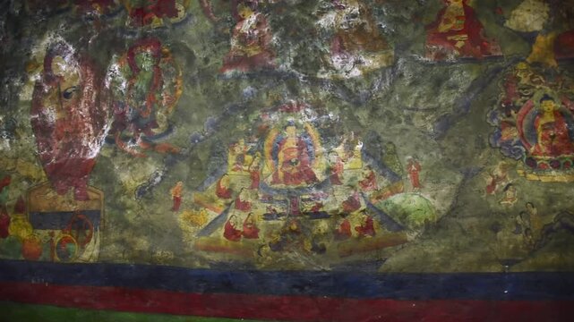 Ancient Buddhist wall murals inside a monastery at Lo Manthang, Upper Mustang, Nepal