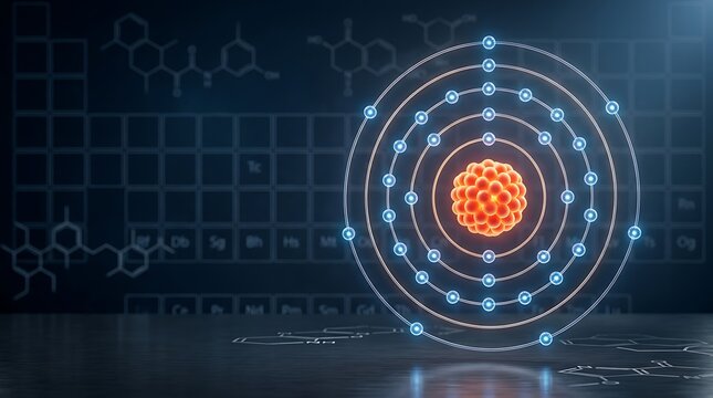 Glowing atomic structure model featuring orange nucleus with orbiting blue electrons against dark background with scientific chemical periodic table charts