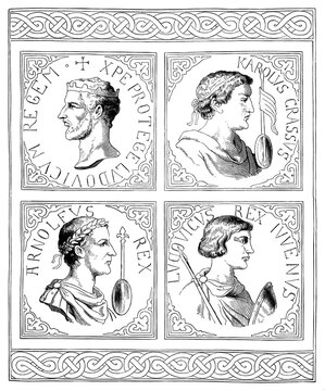 Vintage Engraving of Four Medieval Kings: Ludovicum Regem (Louis the King), Karolus Crassus (Charles the Fat), Arnolfus Rex (Arnulf the King), and Ludovicus Rex Iuvenus (Louis the Young King)